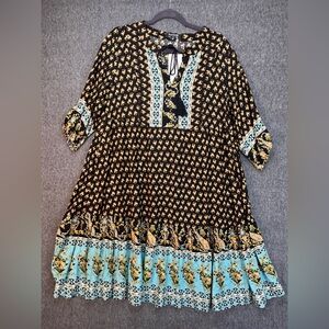 BloomChic Dress Womens 10 Black Floral Boho Swing V-Neck Tassel 3/4 Sleeve